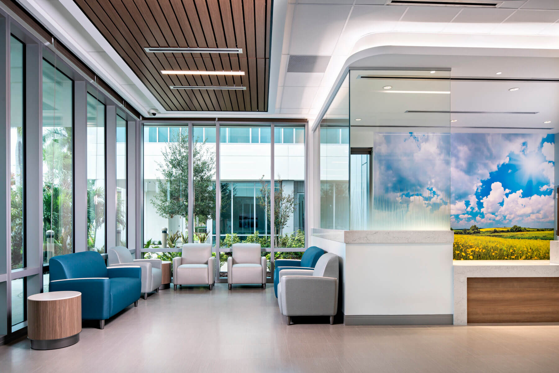 a seating area next to a nurse station at the behavioral health pavilion building at Sarasota Memorial Hospital