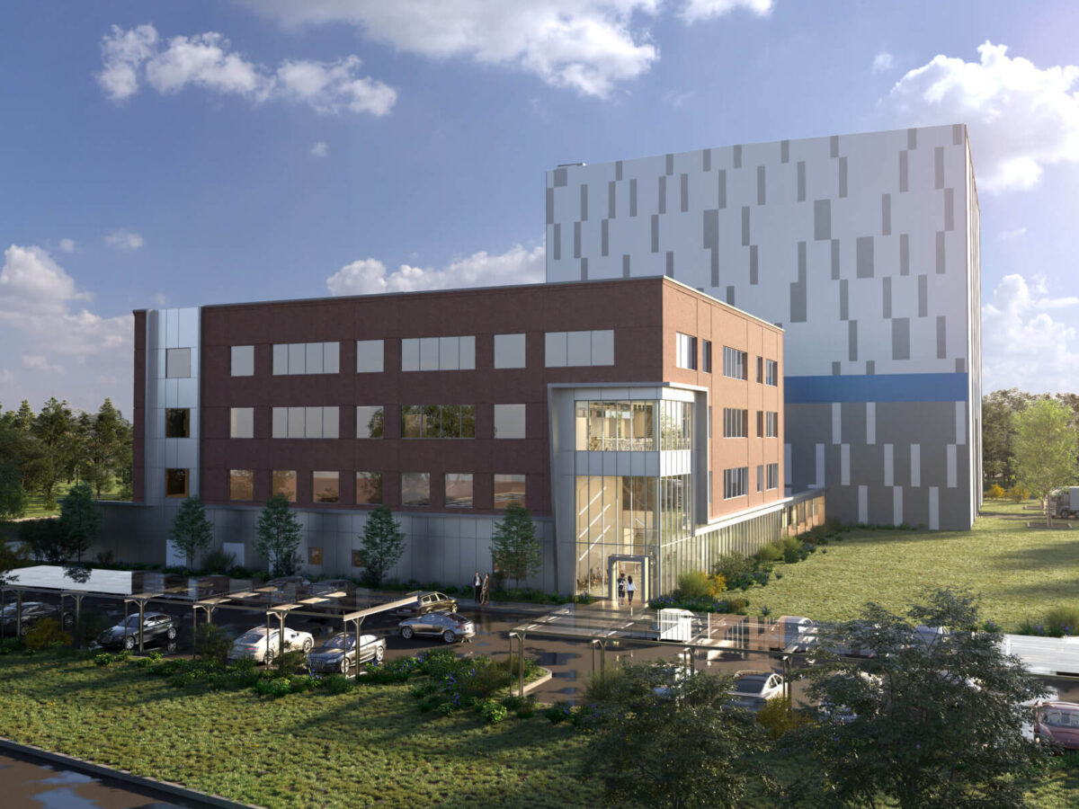 a rendering of a confidential utility high-voltage lab and technical office building