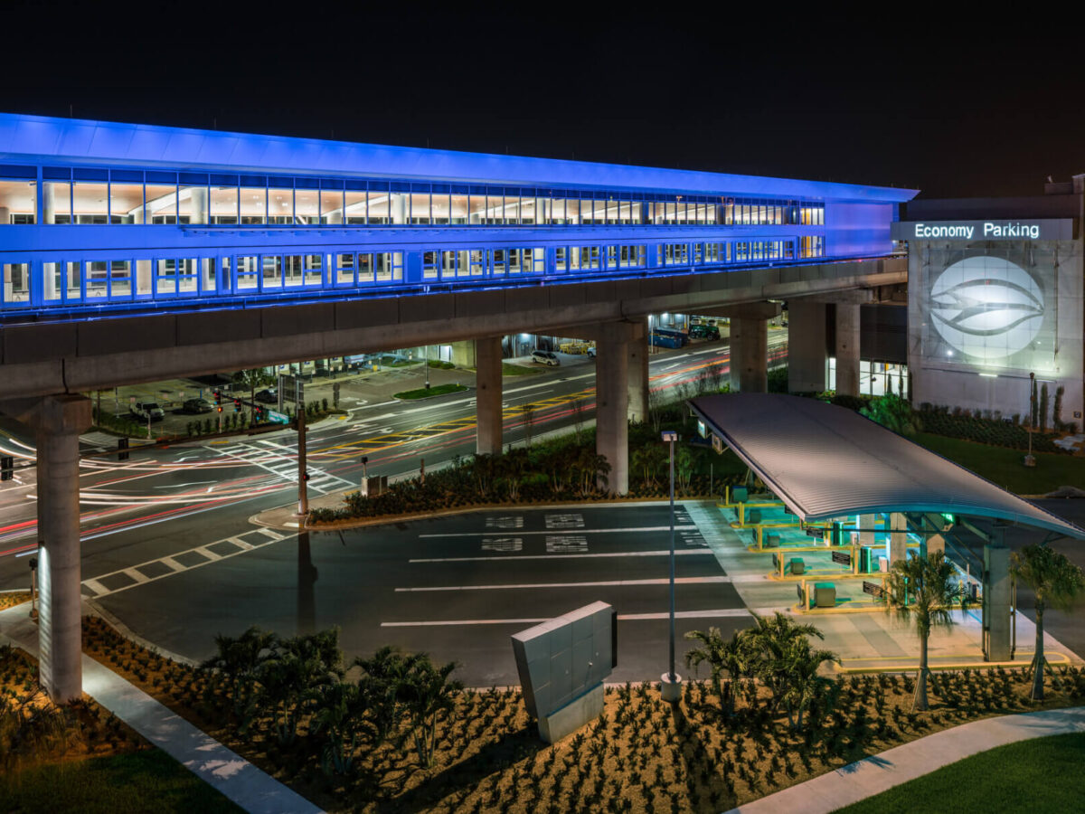 the exterior of the economy parking garage at Tampa International Airport at night