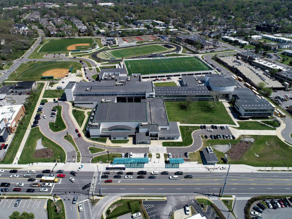 A drone shot of a high school campus