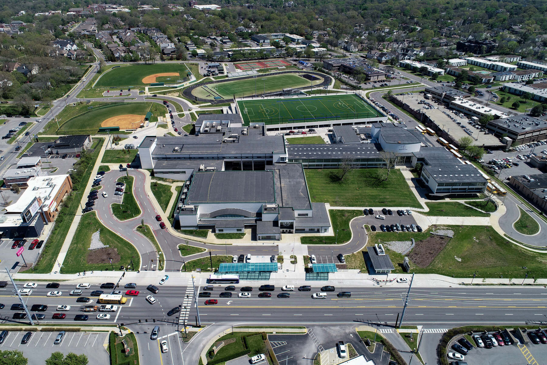 A drone shot of a high school campus