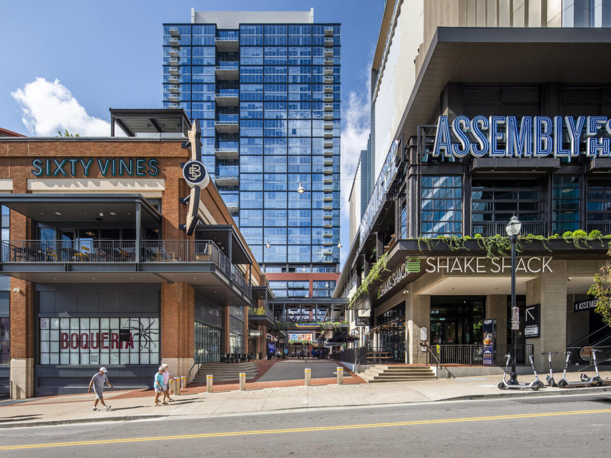 The Fifth and Broadway development in Nashville highlighting the buildings and streetscape