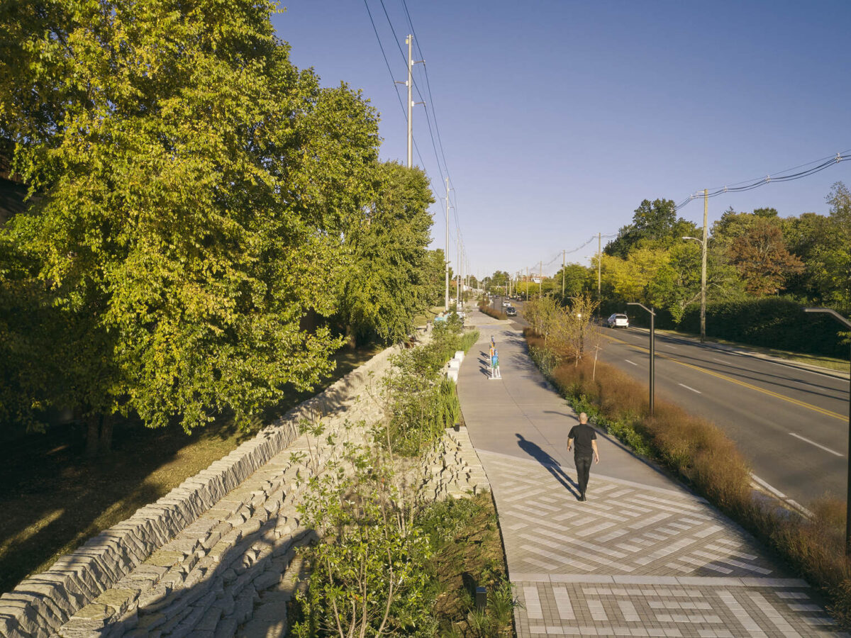 A person walking on a paved sidewalk with trees and greenery.