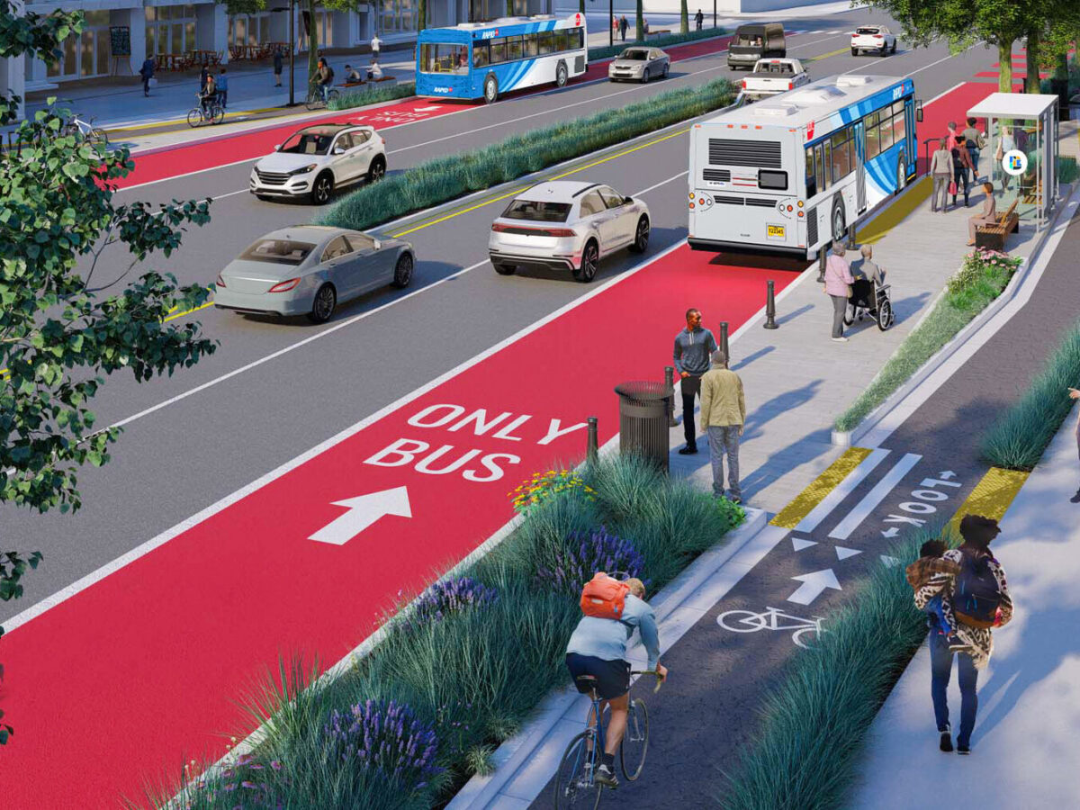 A rendering of a street with a bus lane and pedestrians