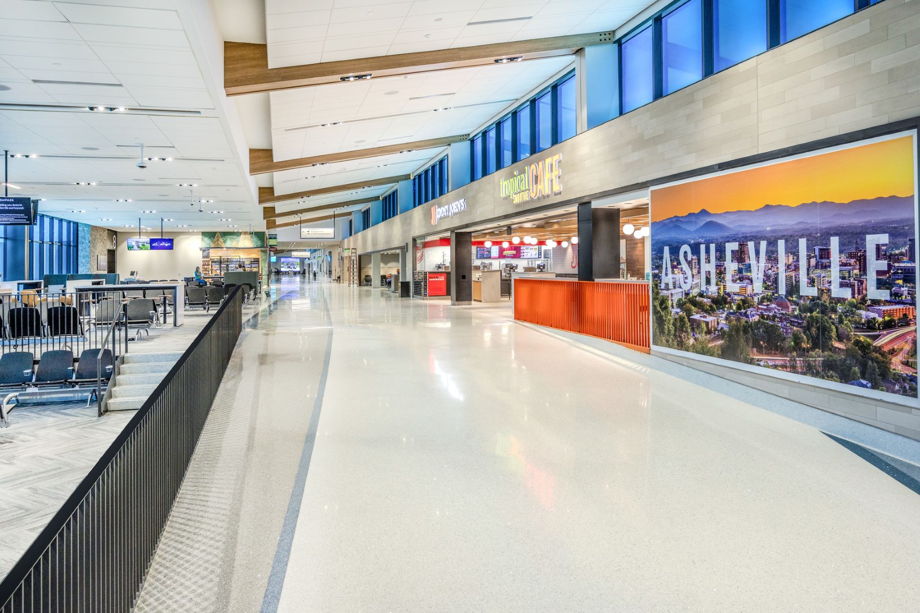 concourse with concessions at asheville regional airport