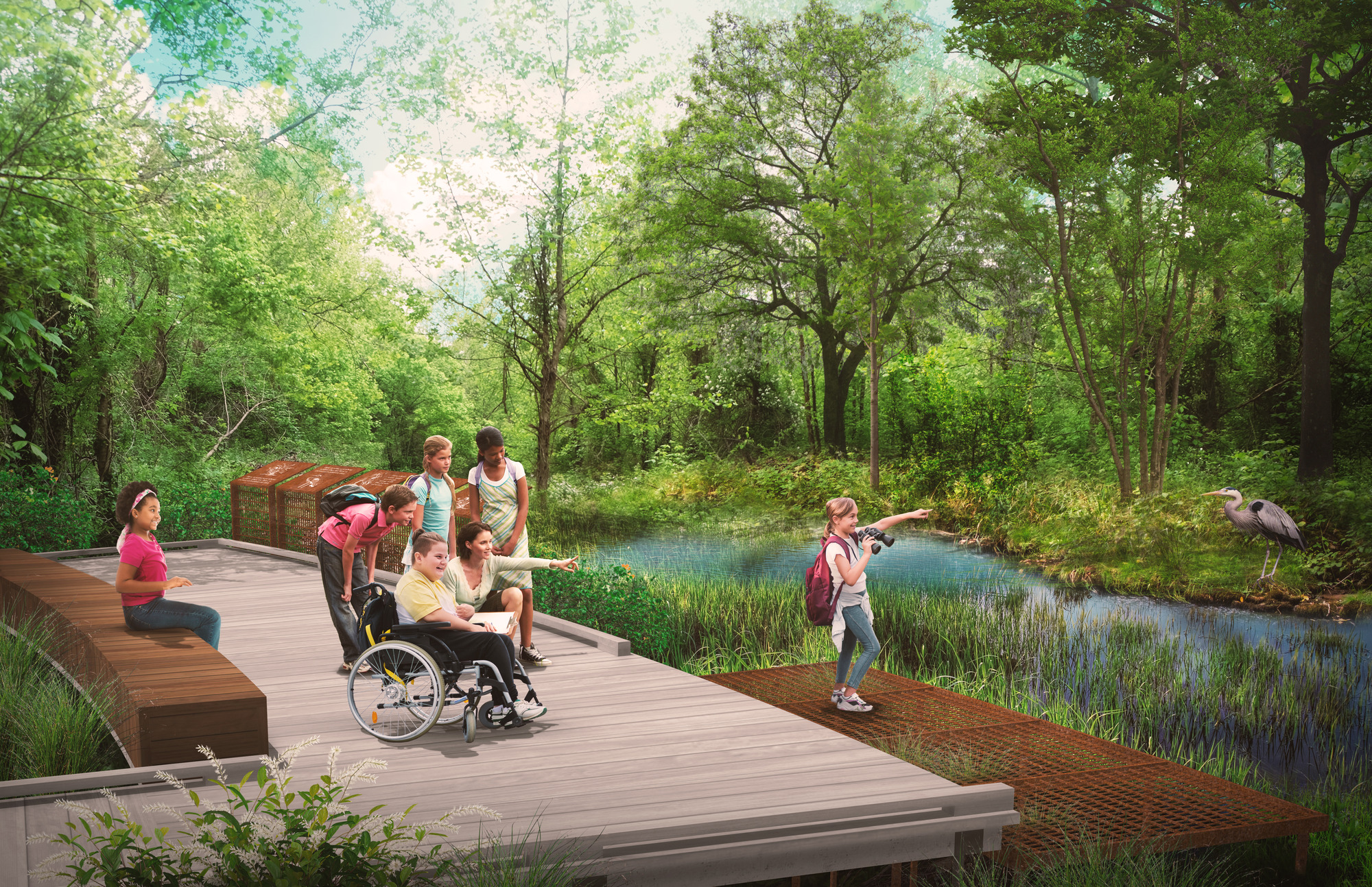 A rendering of kids on a boardwalk looking at a river