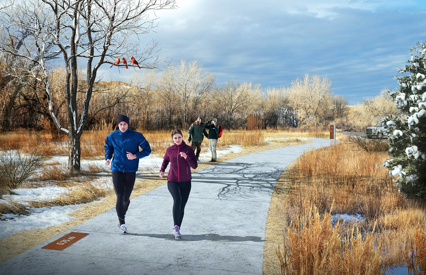 A rendering people running on a trail outside