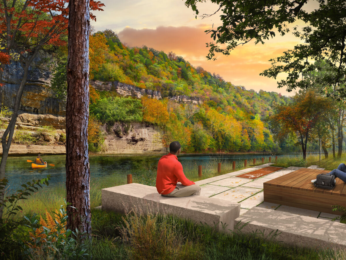 A rendering of Kelley’s Landing with colorful trees and a river with people sitting on a boardwalk