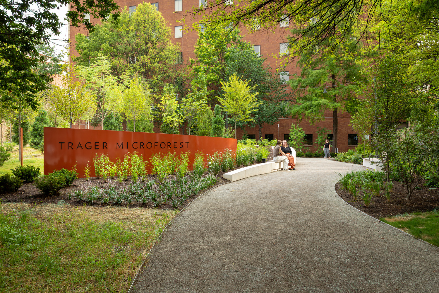 Two people on a bench in the Trager MicroForest