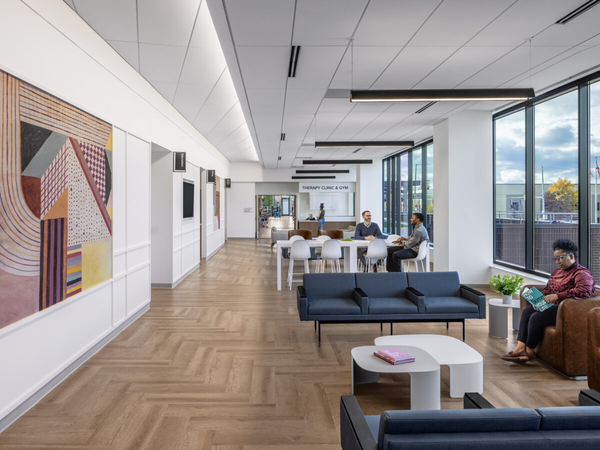 Bright, welcoming waiting room at Gresham Smith’s Cooper Green Mercy Health Ambulatory Care Facility showcasing thoughtful healthcare design, natural light, and comfortable seating.