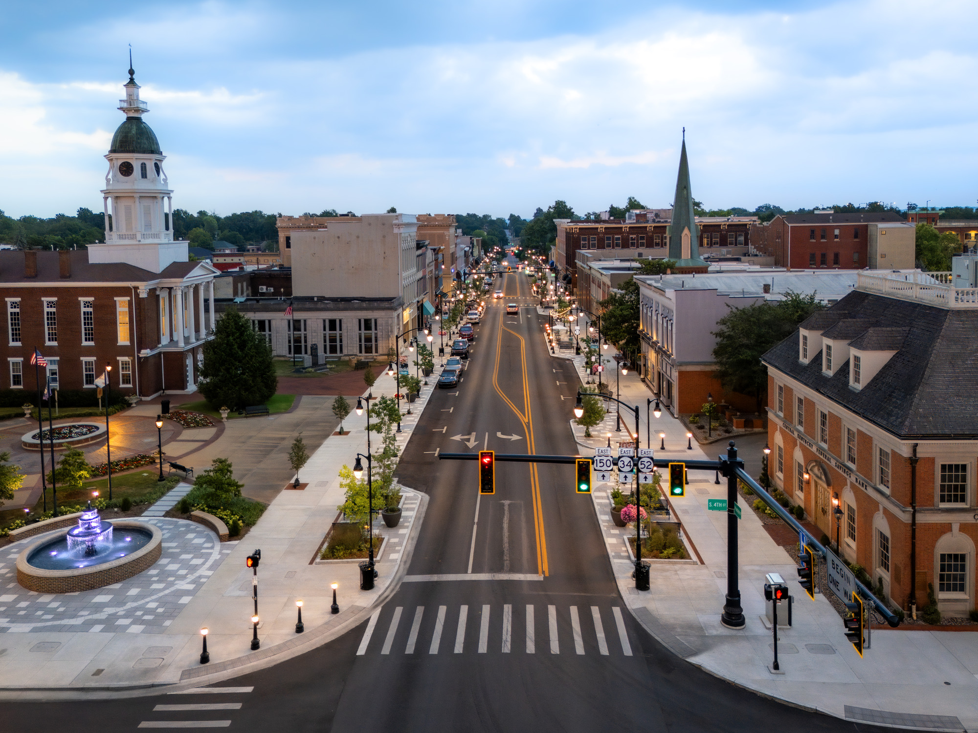 An aerial view of the reconstructed streetscape along Main Street in Danville, Kentucky